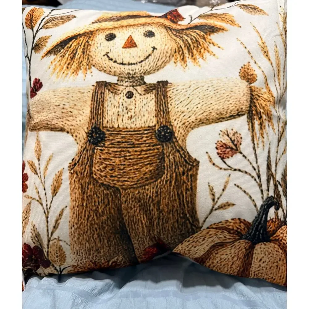 Flat Print Thanksgiving Farmhouse Style Pillow Non-Embroidered Scarecrow Pumpkin